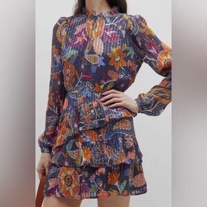 Marie Oliver Alana Tiered Floral Print Mini Dress in Blue Size Small